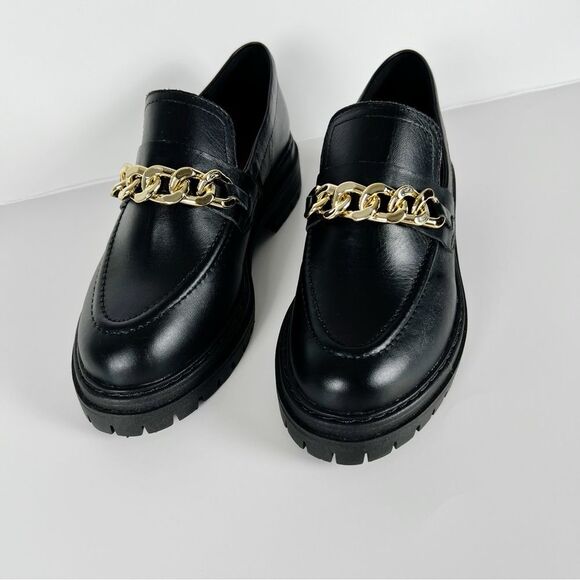 Anthropologie Black Leather Lug Sole Platform Loafers With Gold Chain Size 6 - Picture 4 of 10